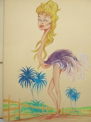 dessin humoristique représentant une femme avec une autruche sur une plage