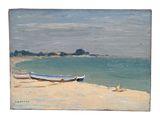 une peinture d'un bateau sur la plage au bord de l'eau