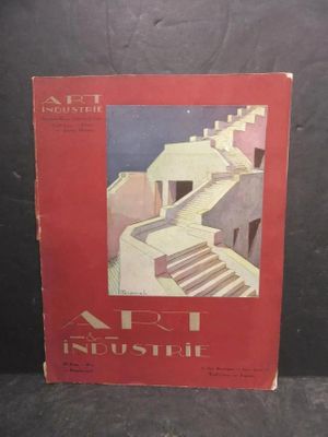 un vieux livre rouge sur la couverture duquel figure l'image d'un escalier menant à un immeuble
