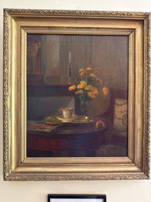 une image d'un tableau représentant un vase de fleurs sur une table
