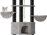 a couple of cats are sitting on top of a cat tree