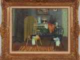 a painting on the wall of a room with a table and chairs