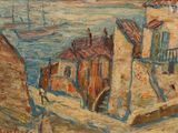 a painting of a town by the water with boats in the water