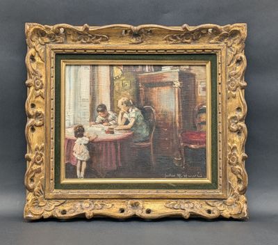 a painting of a woman and two children sitting at a table