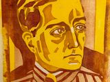 painting of a portrait of a man in a striped shirt and tie
