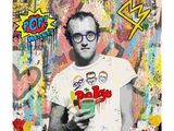 painting of a man with glasses holding a drink in front of a graffiti covered wall