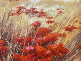 une peinture à l'huile représentant un champ de fleurs rouges avec une église à l'arrière-plan