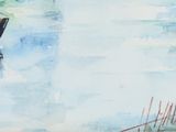 a painting of a boat in the water with a sky background