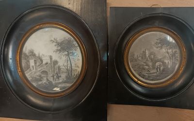 Ecole XIXème - deux paysages, deux miniatures en grisaille.