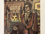 painting of a man holding a horse in a room full of people