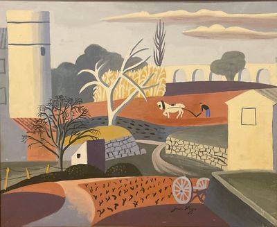 une image représentant un tableau représentant une scène de vie à la ferme avec un cheval et une calèche