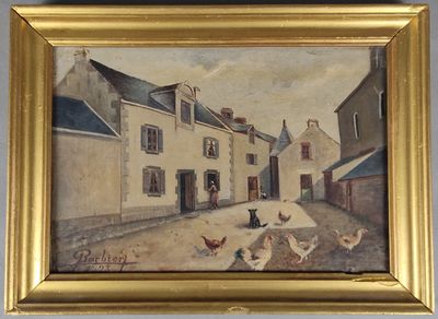 Ecole française XXème. 'Scène de basse-cour', Huile sur toil…