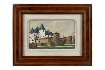 un tableau représentant un château dans un champ, avec un arbre au premier plan