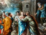 an image of a painting of a group of people standing around a building