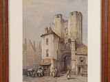 painting of a street scene with a horse drawn carriage in front of a building