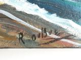 an oil painting of a beach scene with people walking on the sand