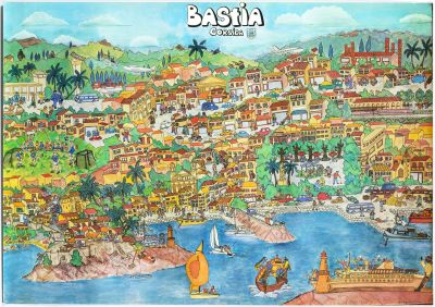 an image of a painting of a town on the water