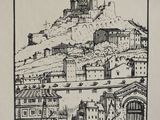 an image of a black and white drawing of a castle on a hill