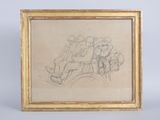 an old drawing of a man and a woman sitting on a bench