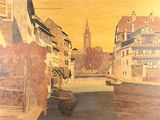 un tableau représentant une rivière qui traverse une ville