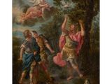a painting of a woman and two men in a wooded landscape