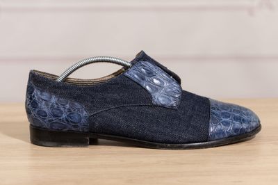 the shoe is made of denim and has a blue snake print on it