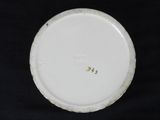 a white plate on a black background with a brown spot