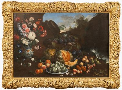 painting of a still life of fruit and flowers in a gold frame