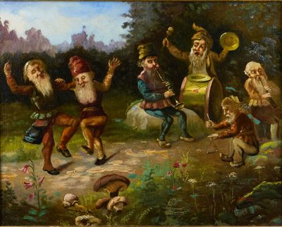 un tableau représentant un groupe de gnomes jouant au frisbee