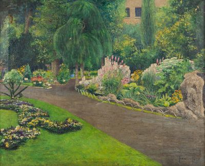 un tableau représentant un jardin avec des fleurs et des arbres
