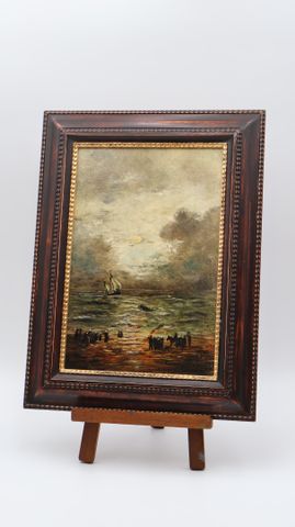École du Nord 20ème « Sauvetage en mer ». Huile sur panneau. Mono...