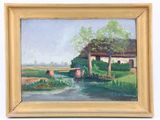an oil painting of a farm scene with a stream and a house