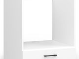 a close up of a white nightstand with a drawer underneath it