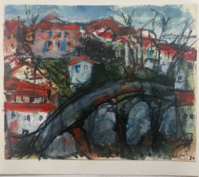a painting of a bridge over a river with buildings in the background