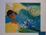 un tableau représentant une femme allongée sur un canapé, avec des fleurs devant elle