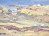 a painting of a boat on the shore of the ocean