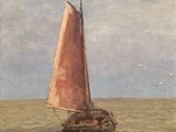 an oil painting of a sailboat with a red sail on the water
