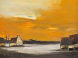 une peinture à l'huile représentant des bateaux dans un port au coucher du soleil