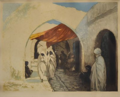 tableau représentant un groupe de personnes marchant dans une rue, près d'un immeuble