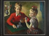 painting of a boy and girl playing cards at a table
