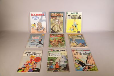 several children ' s books are lined up on a white surface