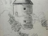 un vieux dessin représentant un petit bâtiment surmonté d'un clocher