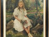 une peinture à l'huile représentant une jeune fille assise sur une bûche dans les bois