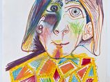tableau représentant une femme au visage peint de couleurs vives et coiffée d'un chapeau