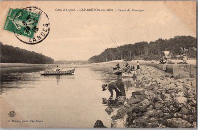 une carte postale représentant des personnes en train de pêcher dans une rivière