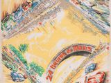 une image représentant un dessin d'un train traversant un pont