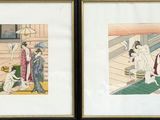 two framed pictures of people in a room with a table