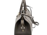 a close up of a black handbag on a white background