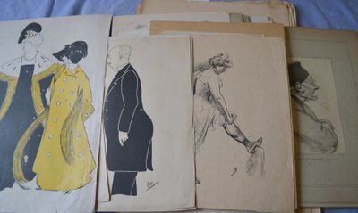 several drawings of people in coats and hats sit on a bed