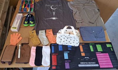 a table with a lot of clothing and gloves on it